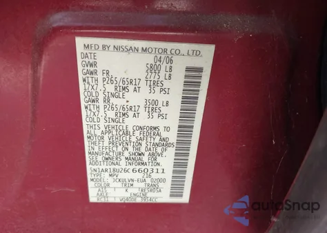 2006 Nissan Pathfinder Le/Se/Xe из США, поврежденный, VIN 5N1AR18U26C660311